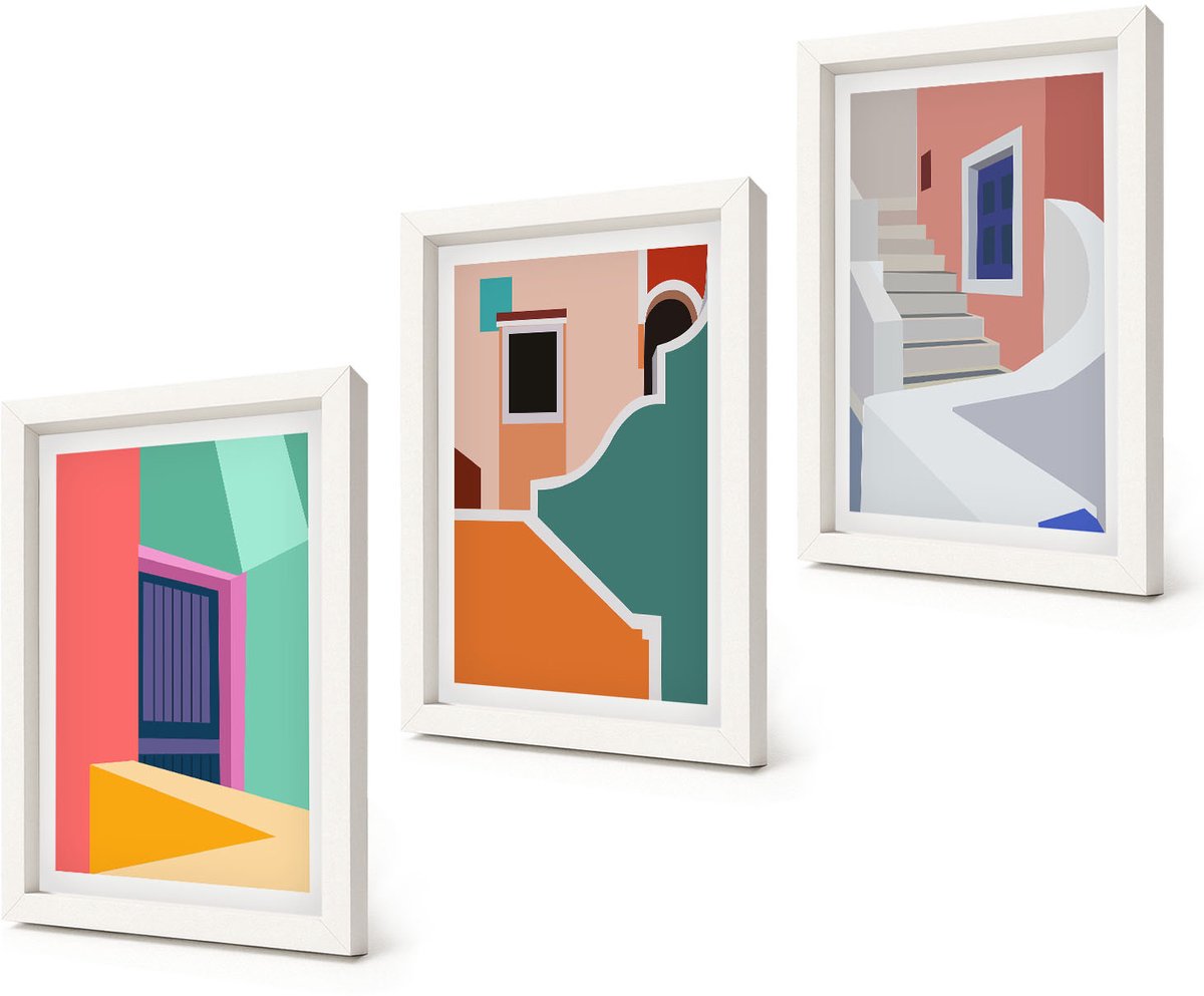 Coloray 3-Delige Schilderij Set - Kleurrijke illustraties van gebouwen in een moderne stijl. - 20x30 - Stijlvolle Wanddecoratie - Interieur - Muurdecoratie