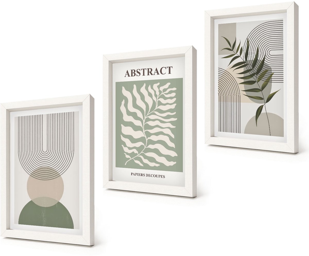Coloray 3-Delige Schilderij Set - Botanische abstracte vormen in boho-rustieke stijl - 20x30 - Wanddecoratie - Schilderijen Set - Interieur - Interieur Decoratie