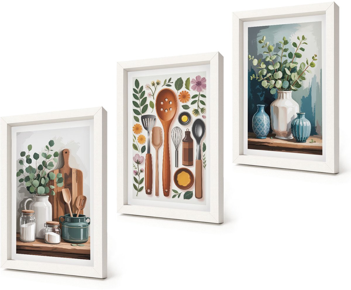 Coloray 3-Delige Schilderij Set - Keukenaccessoires met planten in een moderne stijl - 20x30 - Stijlvolle Muurdecoratie - Slaapkamer - Woonkamer Decoratie