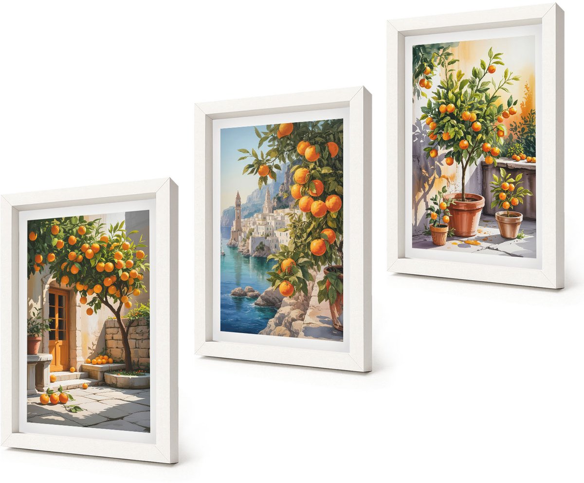 Coloray 3-Delige Schilderij Set - Geschilderde citrusvruchten en kustlandschappen - 20x30 - Muurdecoratie - Wanddecoratie - Slaapkamer