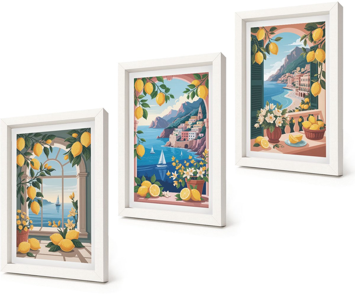 Coloray 3-Delige Schilderij Set - Zeezichtraam met Italiaanse citroenen - 20x30 - Moderne Wanddecoratie - Woonkamer - Interieur Decoratie