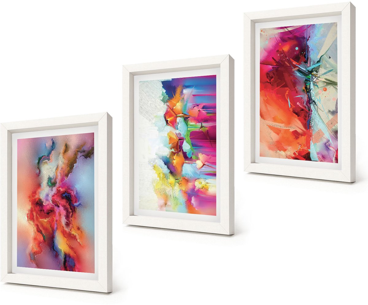 Coloray 3-Delige Schilderij Set - Kleurrijke abstracties met dynamische vormen en figuren - 20x30 - Moderne Wanddecoratie - Woonkamer - Decoratieve Schilderijen