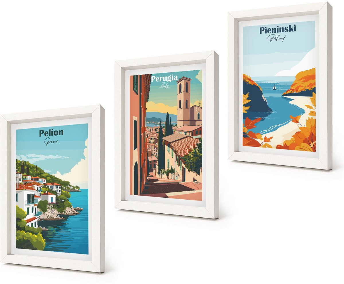 Coloray 3-Delige Schilderij Set - Schilderachtige landschappen in retrostijl - 20x30 - Wanddecoratie - Muurdecoratie - Moderne Interieurdecoratie - Moderne Wanddecoratie
