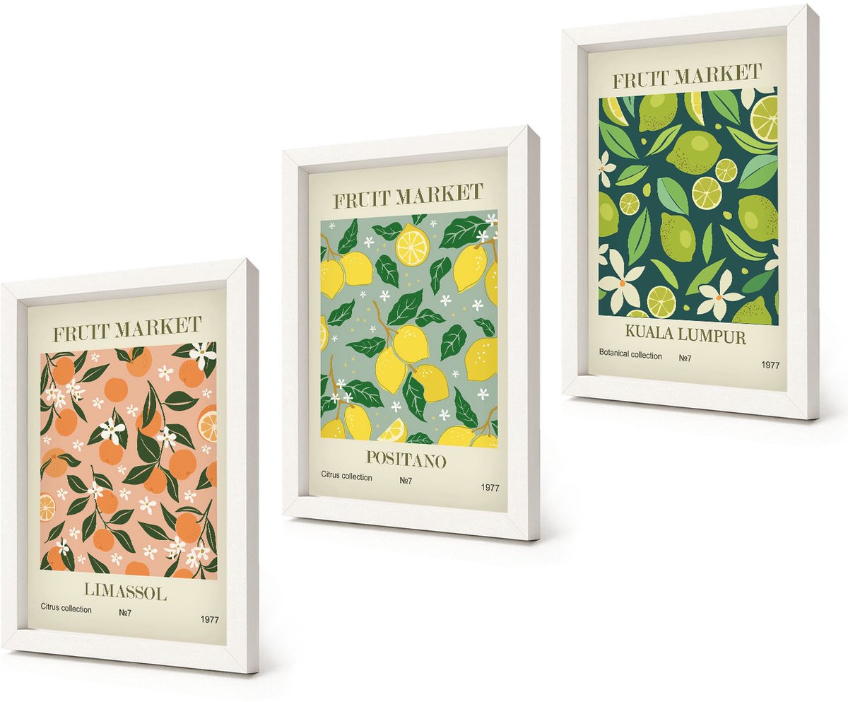 Coloray 3-Delige Schilderij Set - Fruitpatronen met citrusvruchten en vintage bloemen - 20x30 - Schilderijen Set - Wanddecoratie - Woonkamer - Woonkamer Decoratie