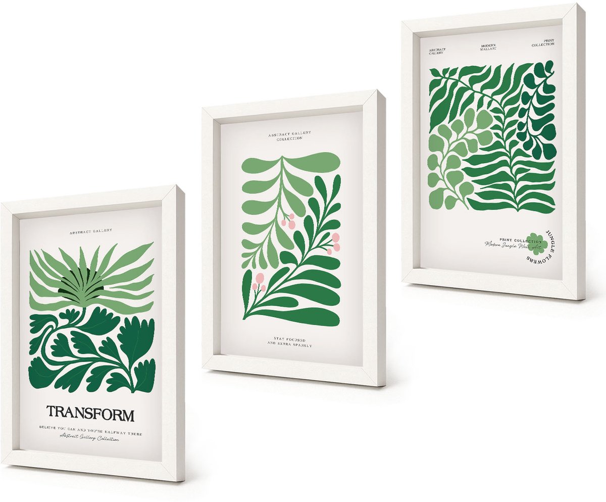 Coloray 3-Delige Schilderij Set - Set van groene bladeren en planten in verschillende vormen. - 20x30 - Muurdecoratie - Decoratieve Schilderijen - Wohnzimmer - Moderne Wanddecoratie