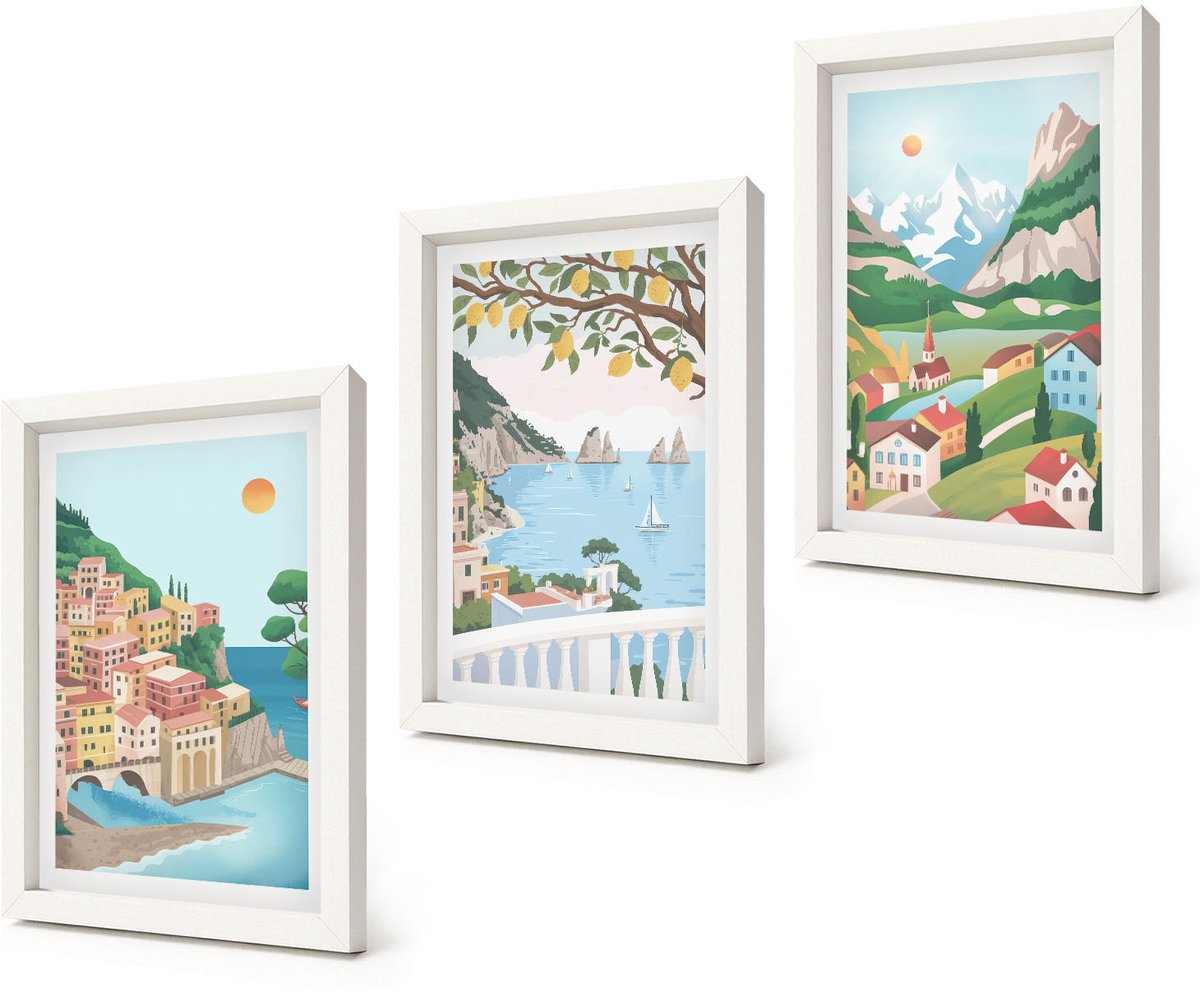 Coloray 3-Delige Schilderij Set - Uitzicht op zee met pastelkleurige huizen - 20x30 - Wanddecoratie - Moderne Interieurdecoratie