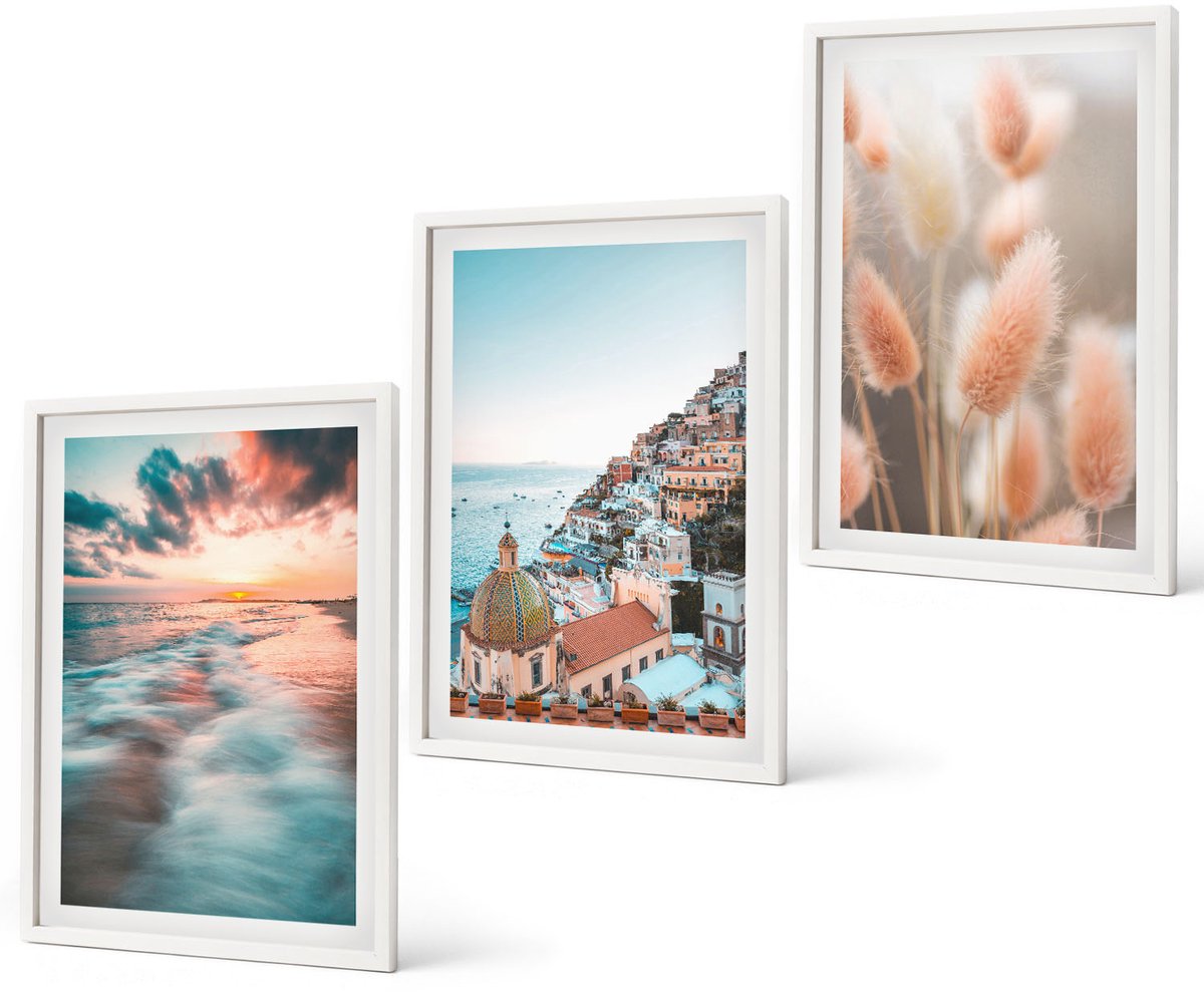 Coloray 3-Delige Schilderij Set - Uitzicht Op Zee, Zonsondergang, Kleurrijke Huizen, Bloemen - 40 x 60 - Decoratieve Schilderijen - Wanddecoratie - Hal - Moderne Wanddecoratie