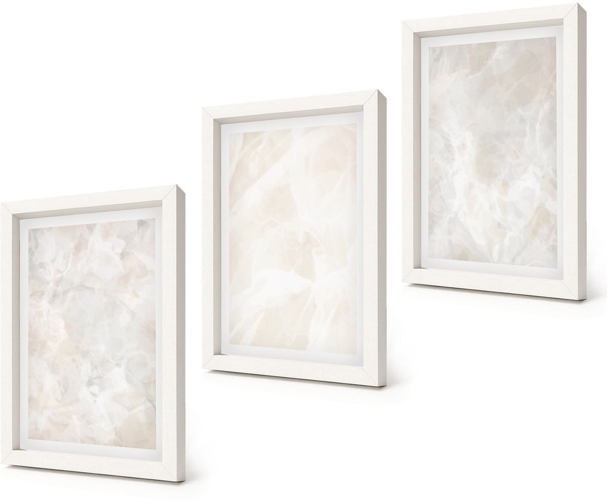 Coloray 3-Delige Schilderij Set - Pastelkleurige stenen structuren van wit marmer - 20x30 - Stijlvolle Muurdecoratie - Kantoor