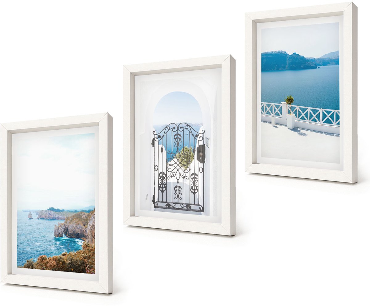 Coloray 3-Delige Schilderij Set - Zeezicht met Griekse architectuur - 20x30 - Muurdecoratie - Decoratieve Schilderijen - Wohnzimmer - Woonkamer Decoratie