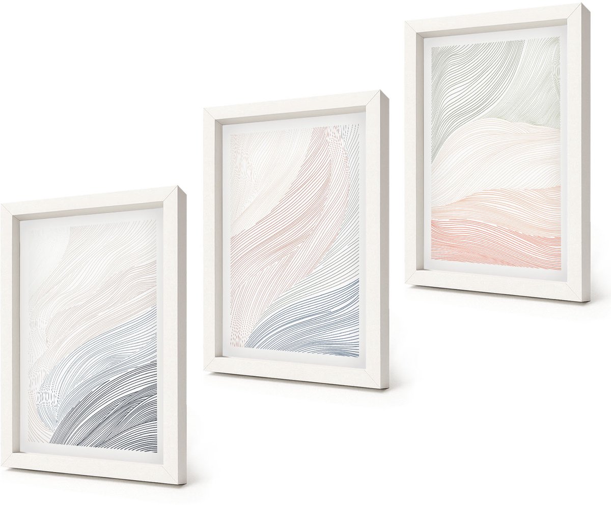 Coloray 3-Delige Schilderij Set - Abstracte golven schilderij op karton met pastelkleuren - 20x30 - Moderne Wanddecoratie - Slaapkamer - Woonkamer Decoratie