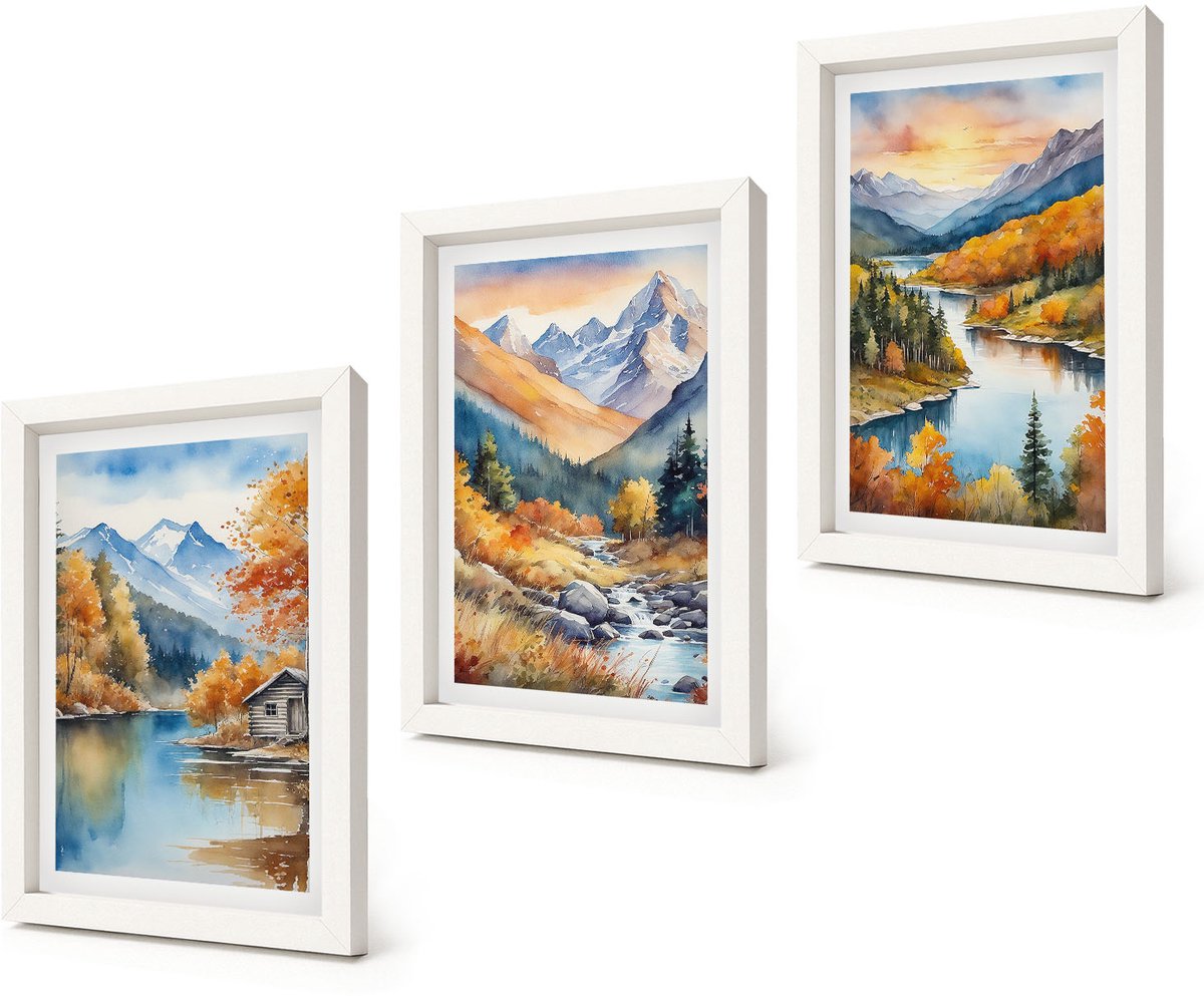 Coloray 3-Delige Schilderij Set - Berglandschap met een rivier en herfstbomen - 20x30 - Moderne Wanddecoratie - Woonkamer - Woonkamer Decoratie