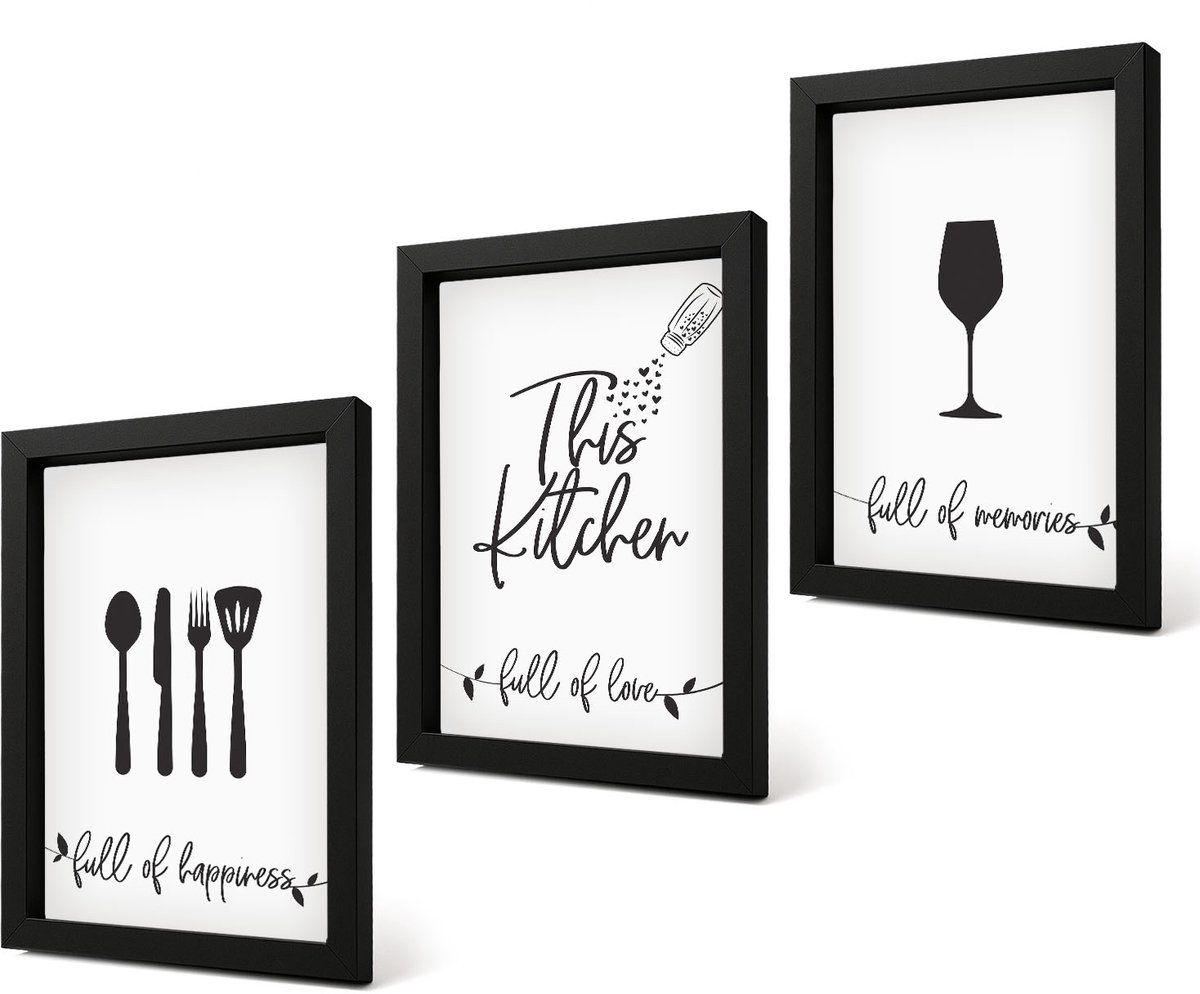 Coloray 4-Delige Schilderij Set - Patronen met opschriften voor keukengerei - 20 x 30 cm - Muurdecoratie - Wanddecoratie - Hal