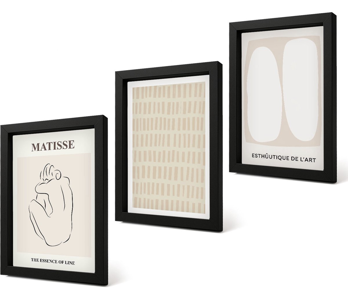 Coloray 4-Delige Schilderij Set - Lijnen en vormen in beige en witte tinten. - 20 x 30 cm - Muurdecoratie - Interieur Decoratie - Decoratieve Schilderijen