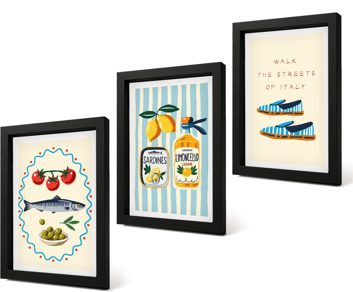 Coloray 4-Delige Schilderij Set - Italiaanse smaken en levensstijl in kleurrijke afbeeldingen - 20 x 30 cm - Muurdecoratie - Wanddecoratie - Hal - Stijlvolle Muurdecoratie