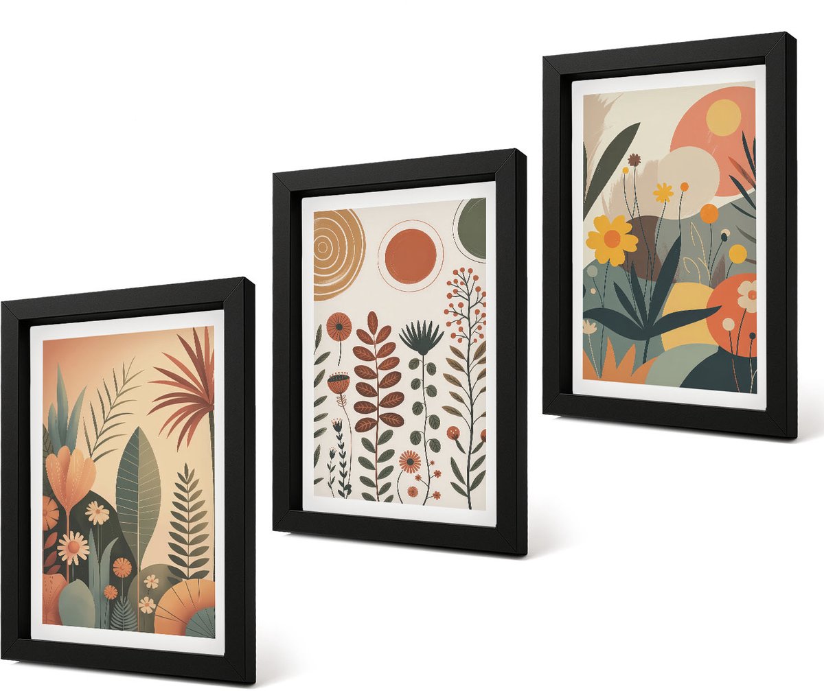 Coloray 4-Delige Schilderij Set - Boho-plantenpatronen in warme tinten met natuur. - 20 x 30 cm - Decoratieve Muurdecoratie - Slaapkamer - Wanddecoratie