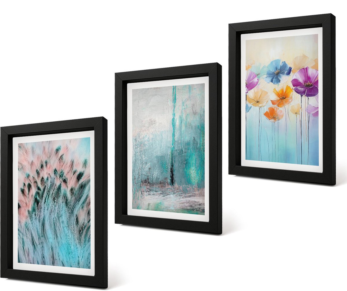Coloray 4-Delige Schilderij Set - Bloemen op een achtergrond van pastelkleuren en delicate patronen. - 20 x 30 cm - Decoratieve Muurdecoratie - Slaapkamer - Stijlvolle Muurdecoratie