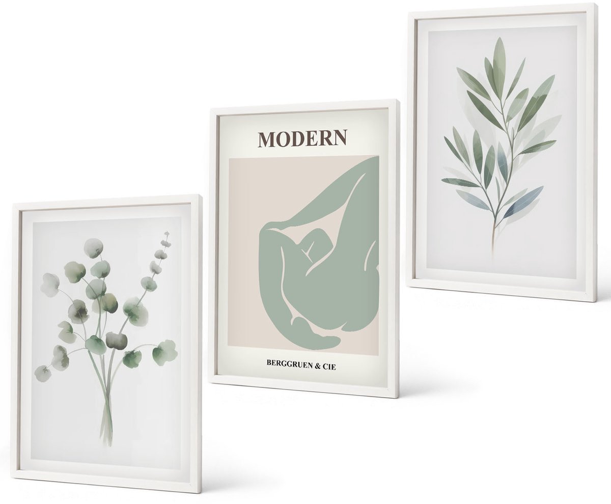 Coloray 3-Delige Schilderij Set - Plantmotieven In Delicate Groene Tinten - 40 x 60 - Stijlvolle Wanddecoratie - Interieur - Decoratieve Schilderijen