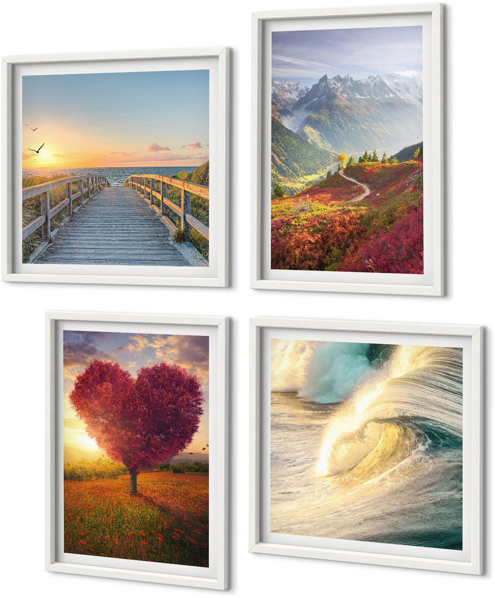 Coloray 4-Delige Schilderij Set - Berglandschappen Golven Hartvormige Boompier - 40 x 40 En 40 x 60 - Wanddecoratie - Moderne Interieurdecoratie - Woonkamer Decoratie