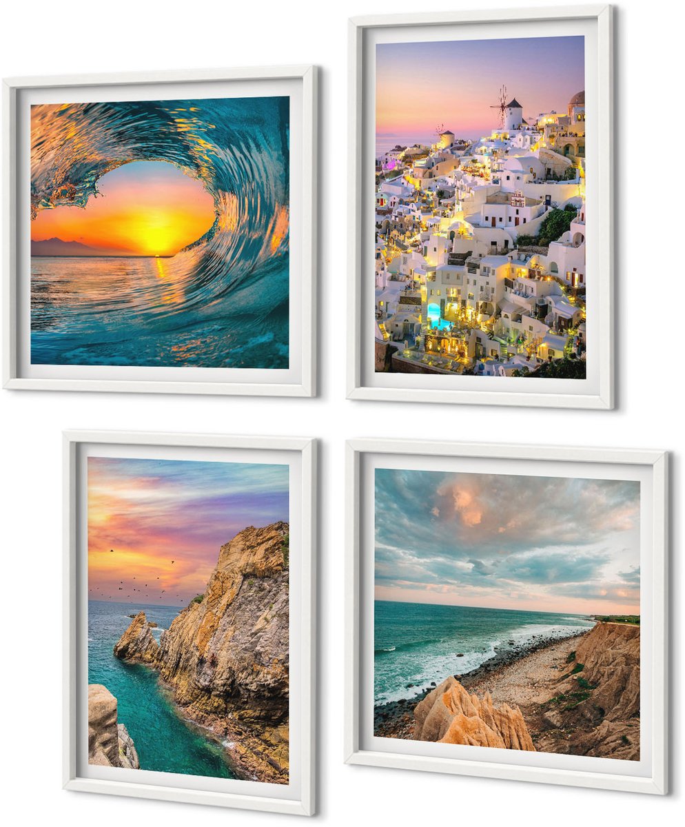 Coloray 4-Delige Schilderij Set - Uitzicht Op De Zee, De Golven En De Witte Huizen Op Santorini, Griekenland - 40 x 40 En 40 x 60 - Muurdecoratie - Interieur Decoratie