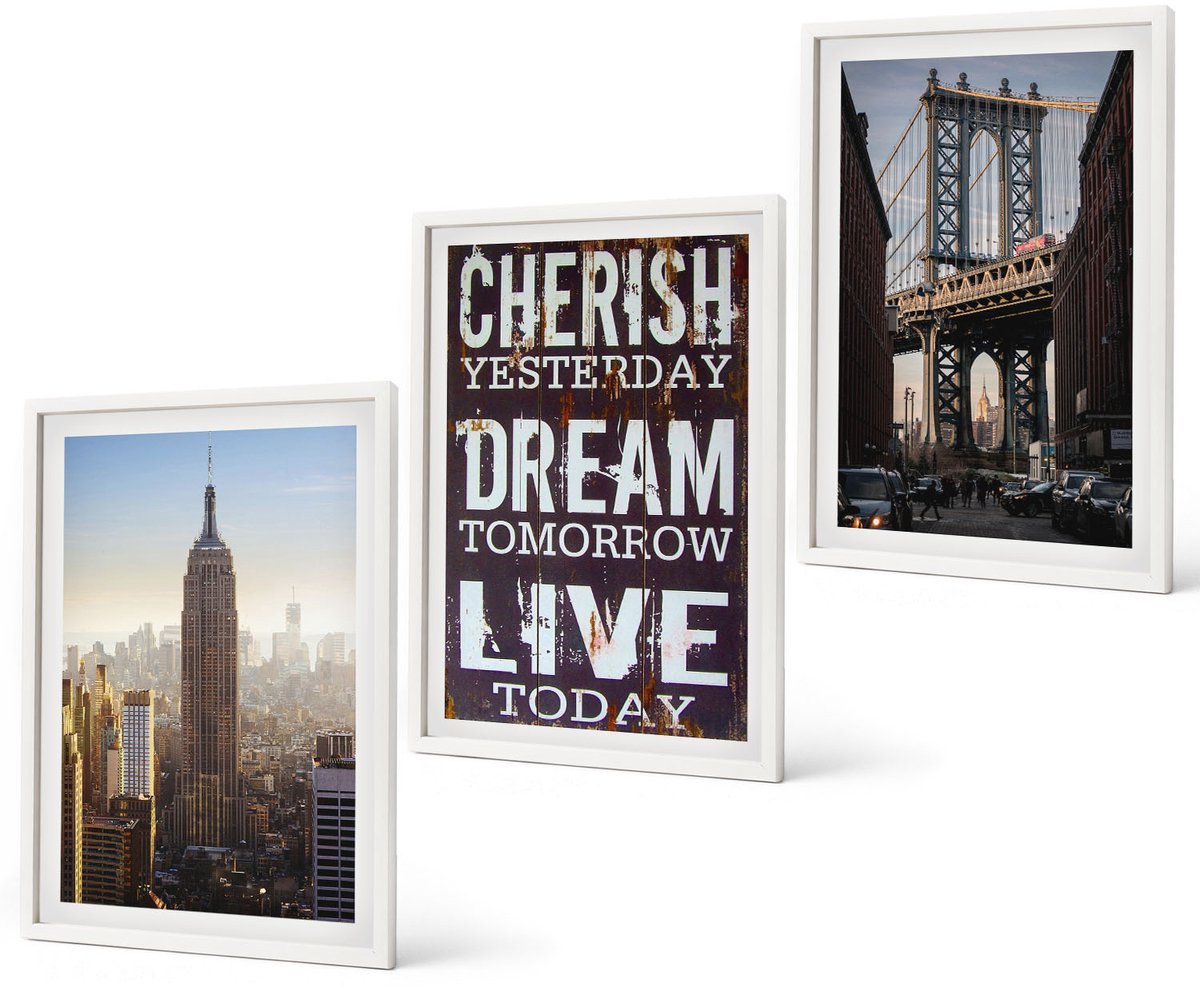 Coloray 3-Delige Schilderij Set - Landschappen Van New York City Met Een Inspirerend Citaat - 40 x 60 - Wanddecoratie - Muurdecoratie - Moderne Interieurdecoratie - Stijlvolle Muurdecoratie