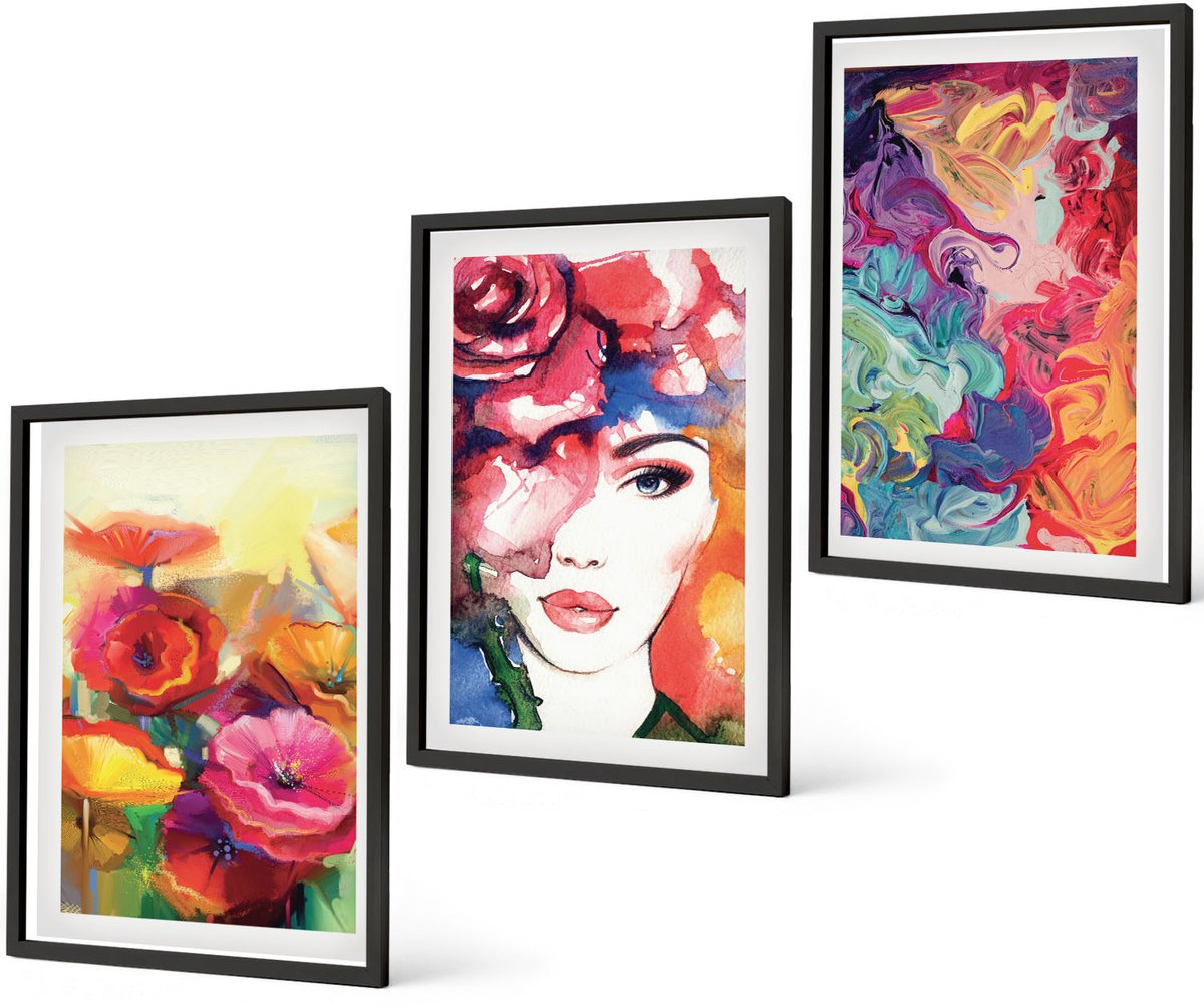 Coloray 3-Delige Schilderij Set - Bloemen In Intense Kleuren Portret Van Een Vrouw Abstract - 40 x 60 cm - Muurdecoratie - Schilderijen Set - Woonkamer - Stijlvolle Muurdecoratie