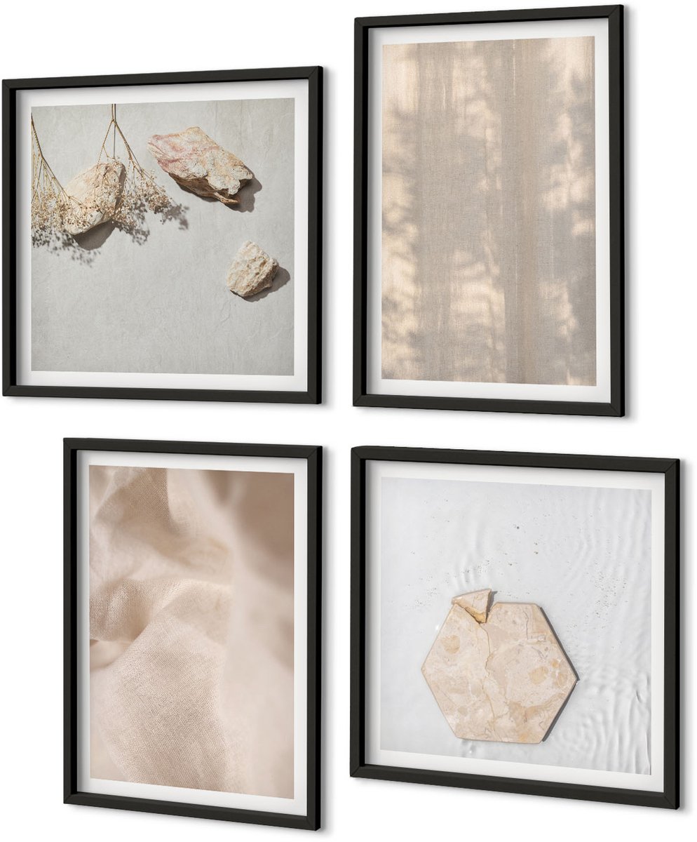 Coloray 4-Delige Schilderij Set - Subtiele Texturen In Een Natuurlijke Boho-Stijl - 40 x 40 cm En 40 x 60 cm - Wanddecoratie - Woonkamer Decoratie Zwarte lijst