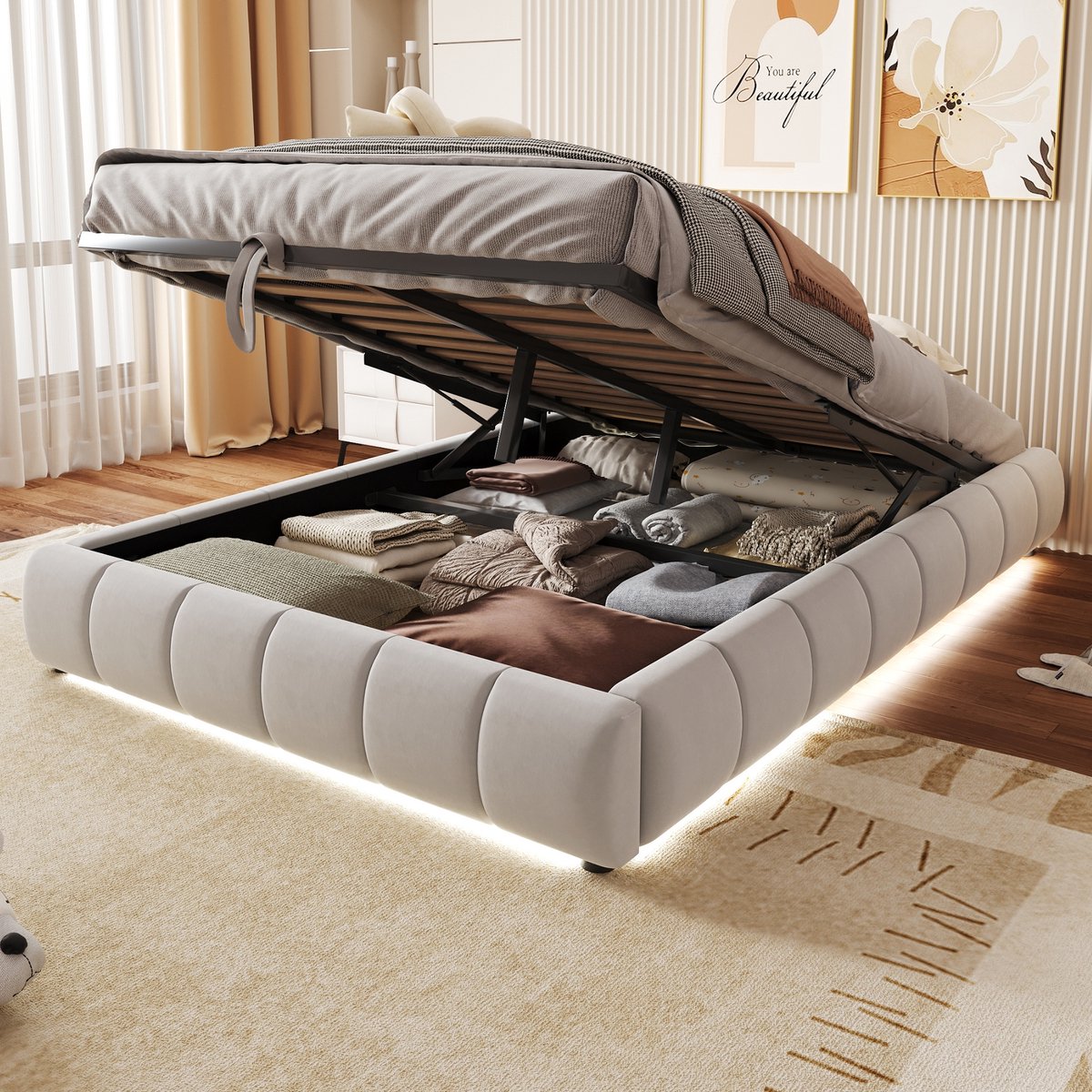 Sweiko Tweepersoonsbed - 140 x 200 cm - Zonder hoofdeinde - LED-lichtstrip - Opbergruimte - Beige