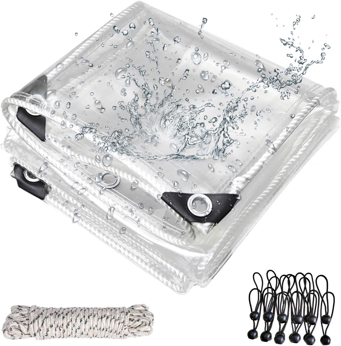 OKYUK Transparent Tarpaulin with Eyelets, 420 g/m², PVC, Transparent with 20 Cable Ties, 12 Elastic Bands with Balls - ShopVlot