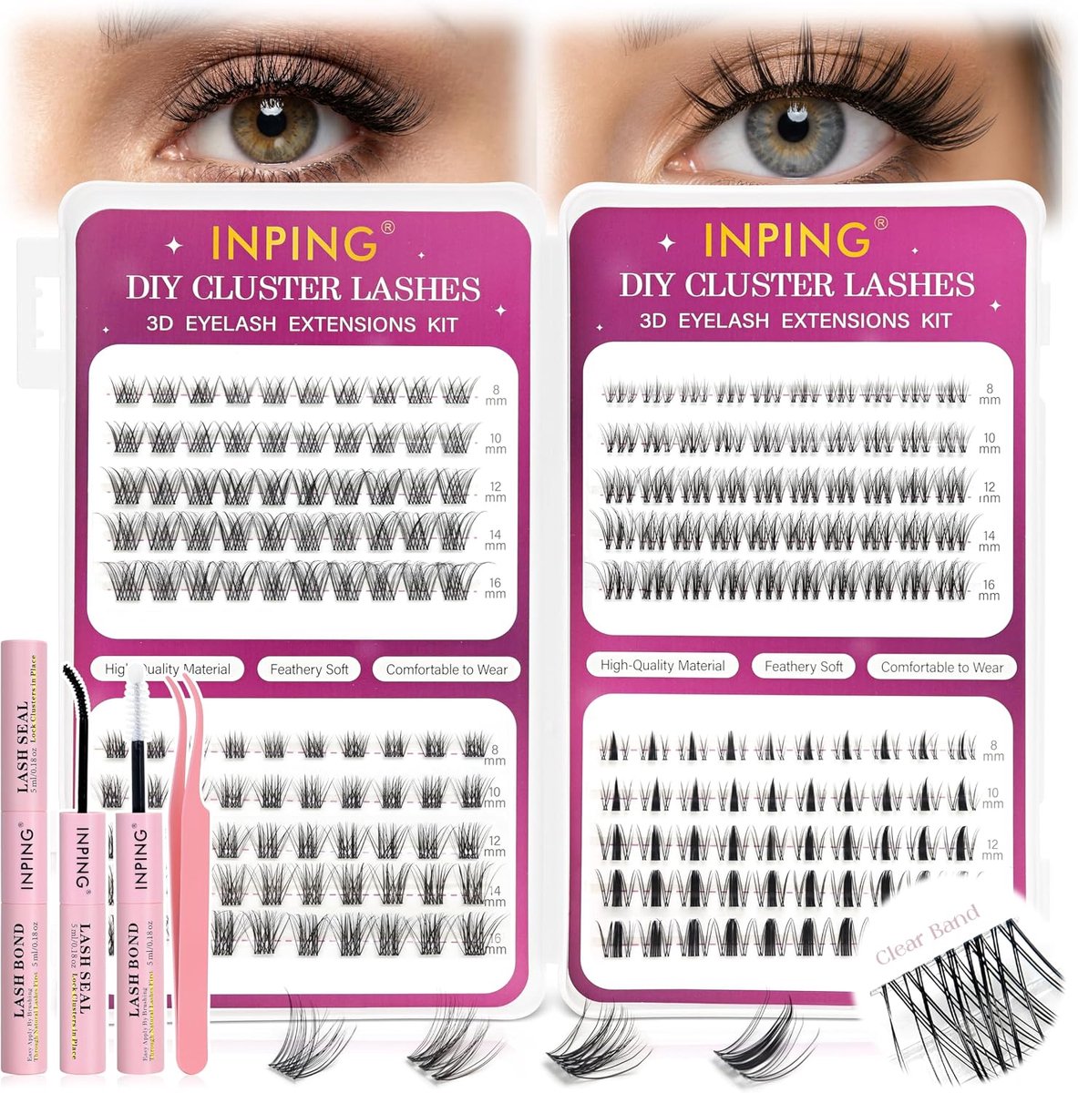 INPING Individual False Eyelashes, Transparent Band, 4 Styles, Eyelash Extension Set, Fluffy Wispy Manga Eyelashes - ShopVlot