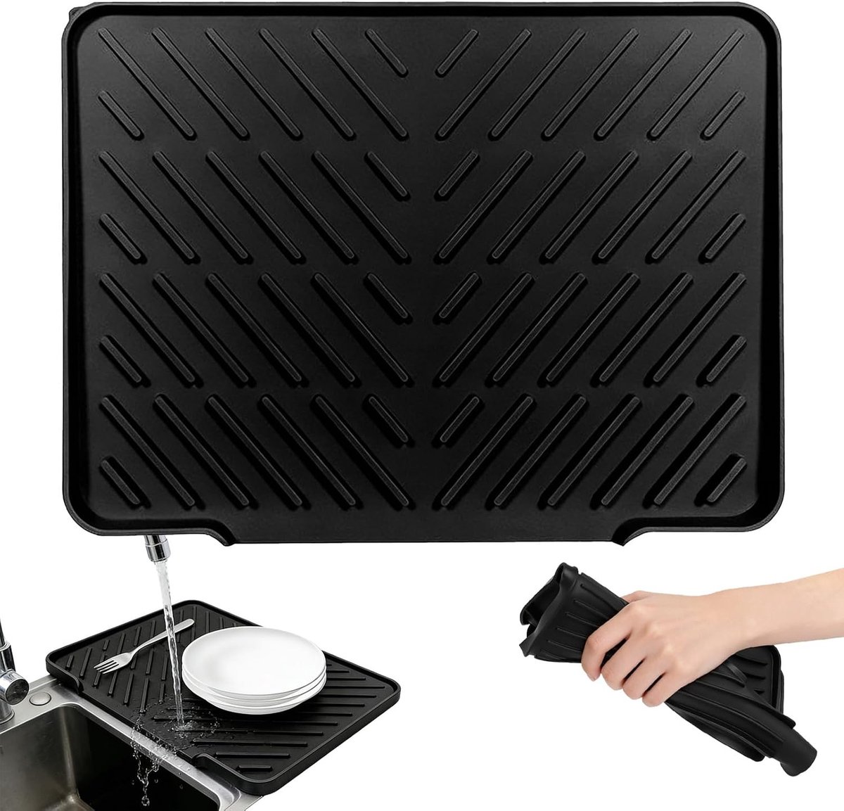 Dish Draining Mat, 40 x 31 cm, Silicone Draining Mat, Draining Mat with Drain, Non-Slip, Heat Resistant Kitchen Mat - ShopVlot