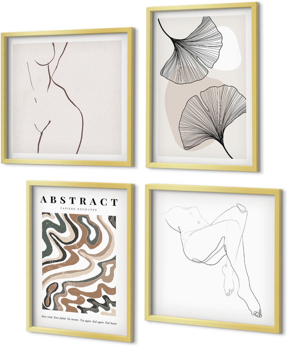 Coloray 4-Delige Schilderij Set - Abstracte poster met vrouwelijke vormen en bladeren in boho-stijl. - 40 x 40 cm en 40 x 60 cm - Muurdecoratie - Decoratieve Schilderijen - Wohnzimmer - Wanddecoratie