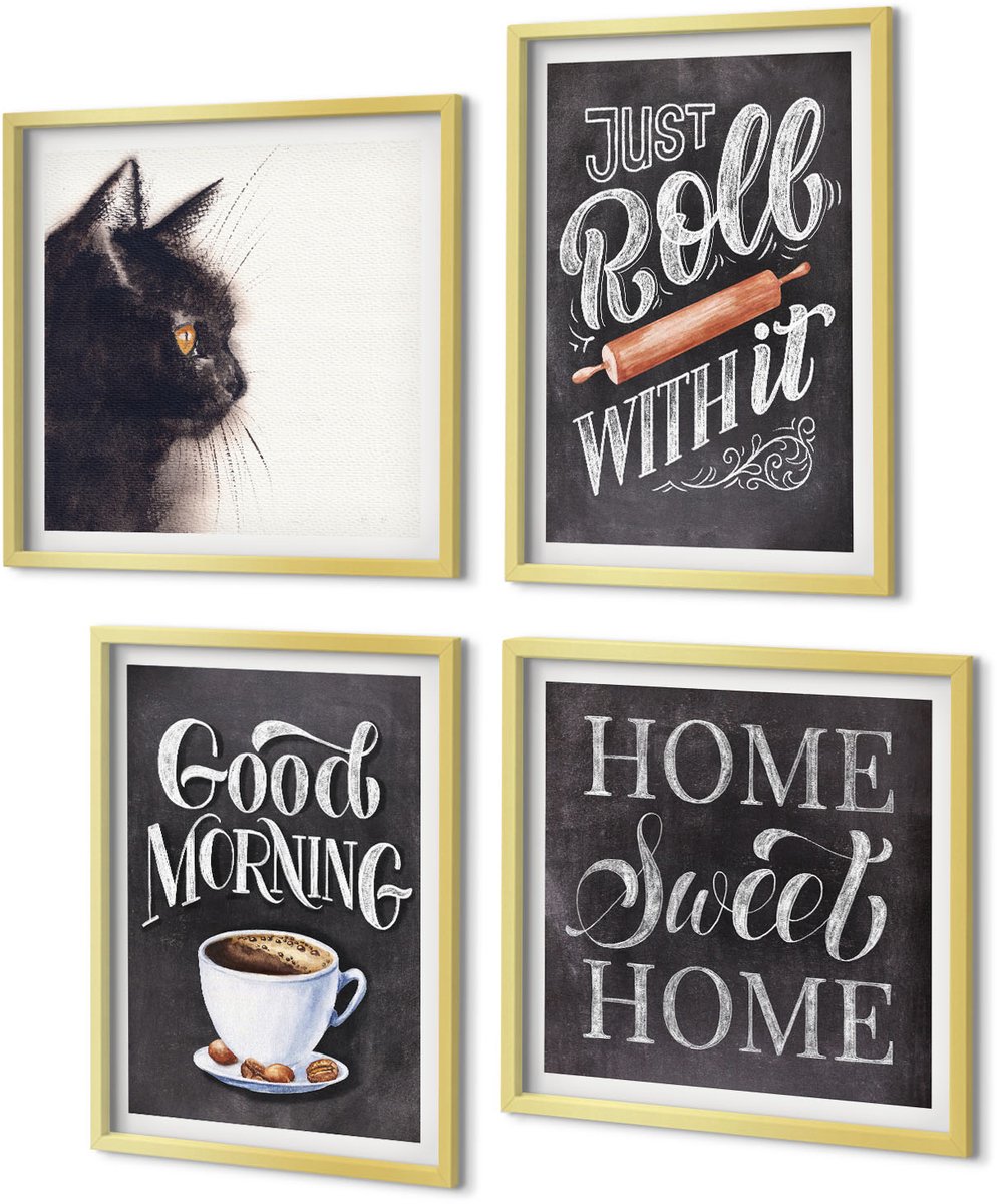 Coloray 4-Delige Schilderij Set - Home Keuken Motieven Kat Schoolbord Lettering - 40 x 40 cm en 40 x 60 cm - Schilderijen Set - Wanddecoratie - Woonkamer - Muurdecoratie