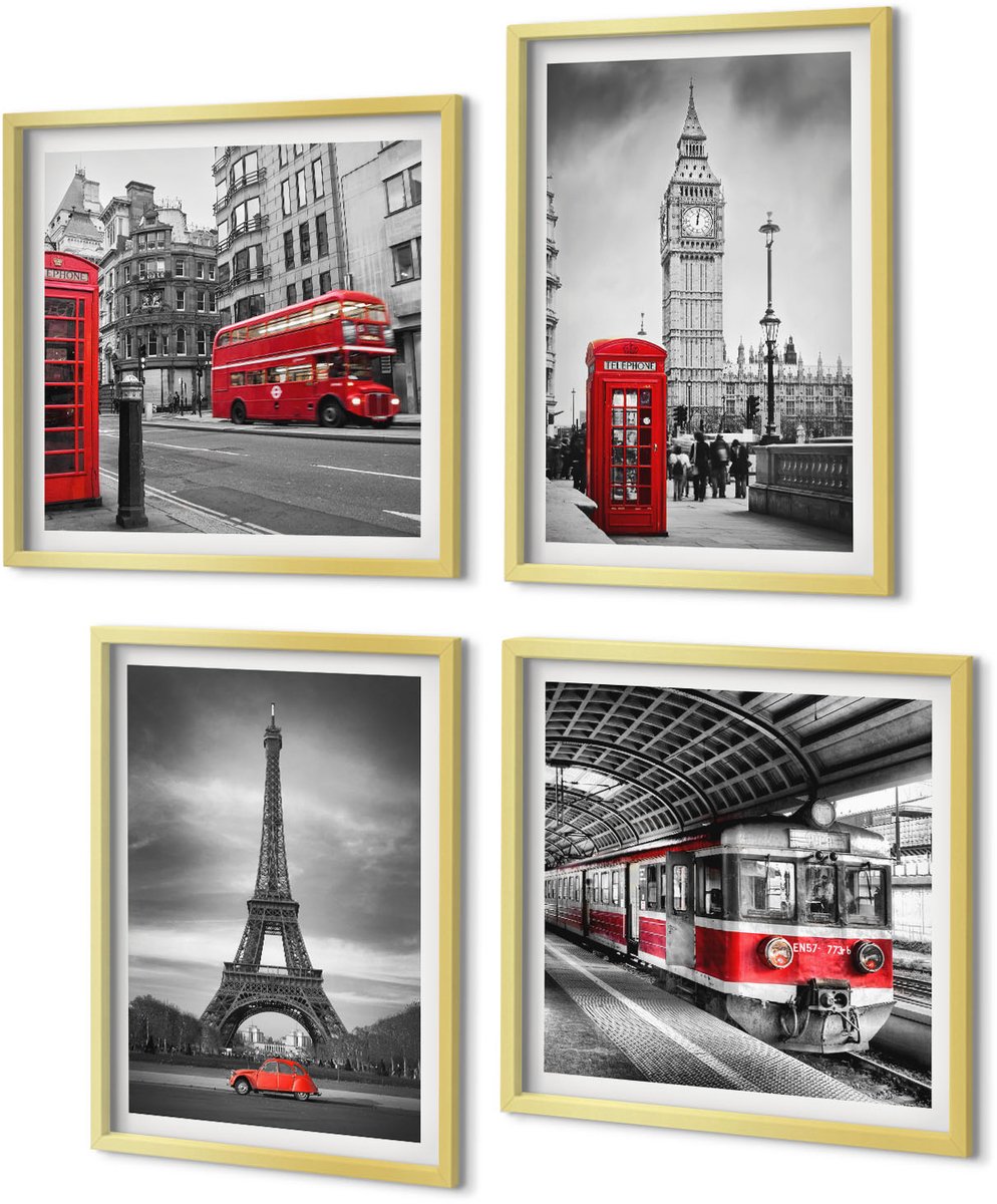 Coloray 4-Delige Schilderij Set - Rode bussen in het stedelijk landschap - 40 x 40 cm en 40 x 60 cm - Decoratieve Schilderijen - Wanddecoratie - Hal - Moderne Wanddecoratie