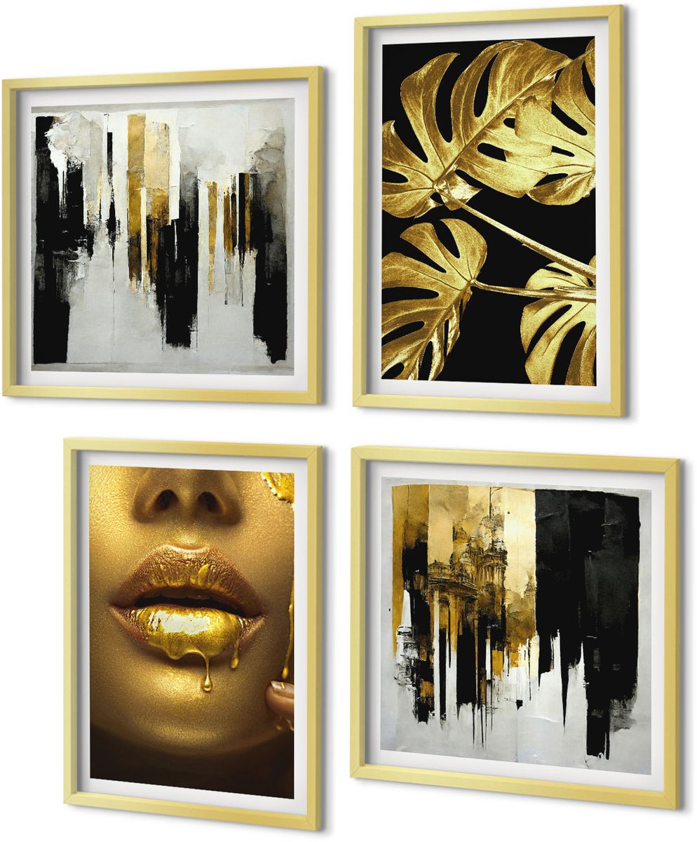 Coloray 4-Delige Schilderij Set - Abstracte schilderij Monstera-bladeren Portret van een vrouw - 40 x 40 cm en 40 x 60 cm - Wanddecoratie - Woonkamer Decoratie