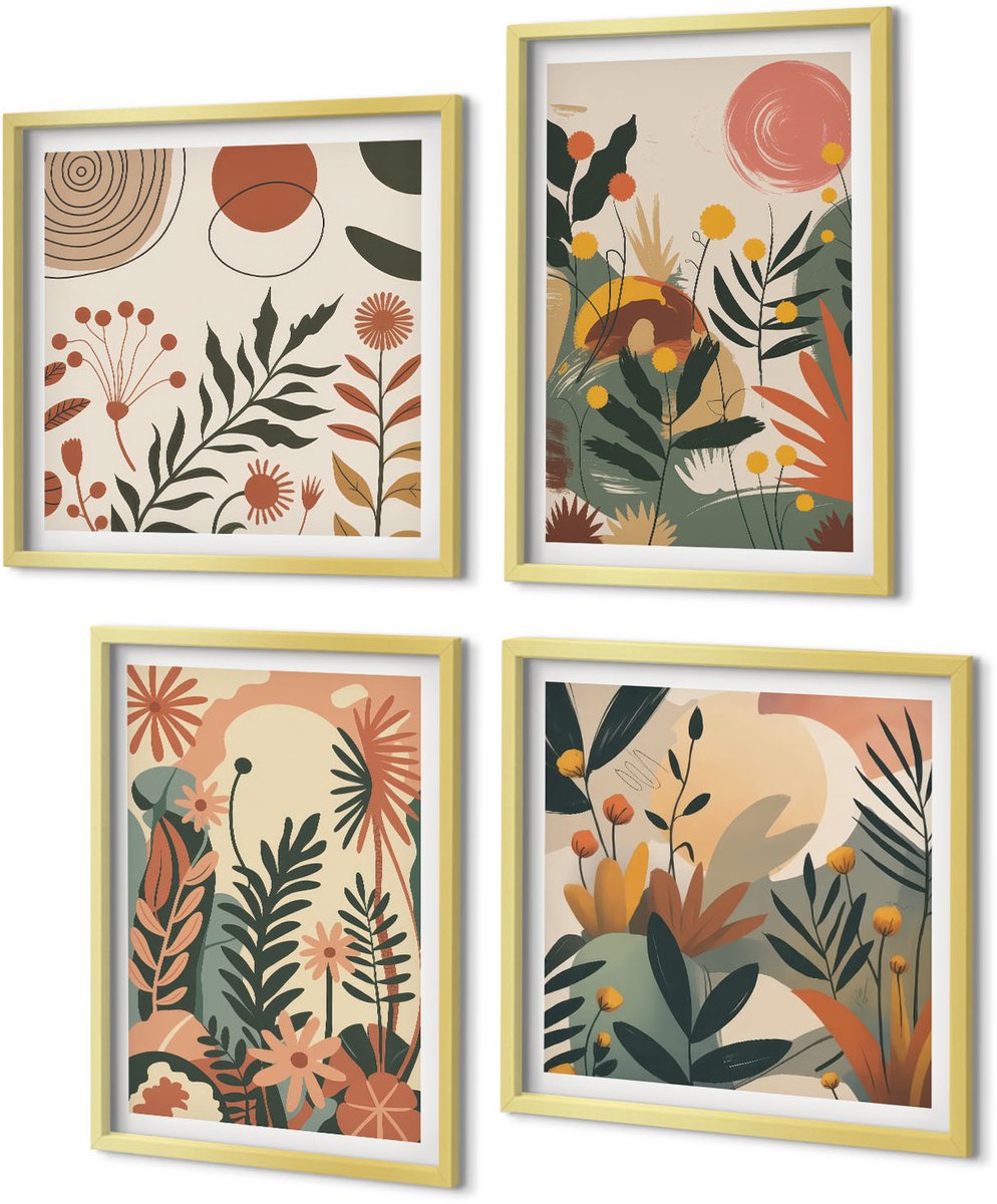 Coloray 4-Delige Schilderij Set - Vintage bloemenpatronen in pasteltinten - 40 x 40 cm en 40 x 60 cm - Muurdecoratie - Wanddecoratie - Slaapkamer - Woonkamer Decoratie