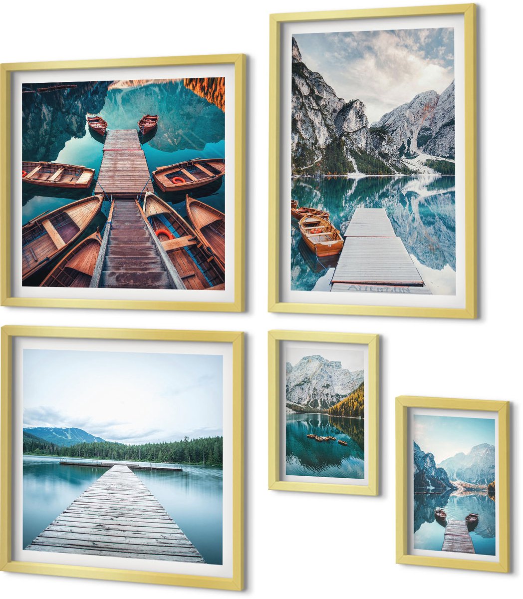 Coloray 5-Delige Schilderij Set - Berglandschappen Met Waterpaden En Boten - 50 x 50 cm, 20 x 30 cm En 40 x 60 cm - Muurdecoratie - Wanddecoratie - Hal - Stijlvolle Muurdecoratie