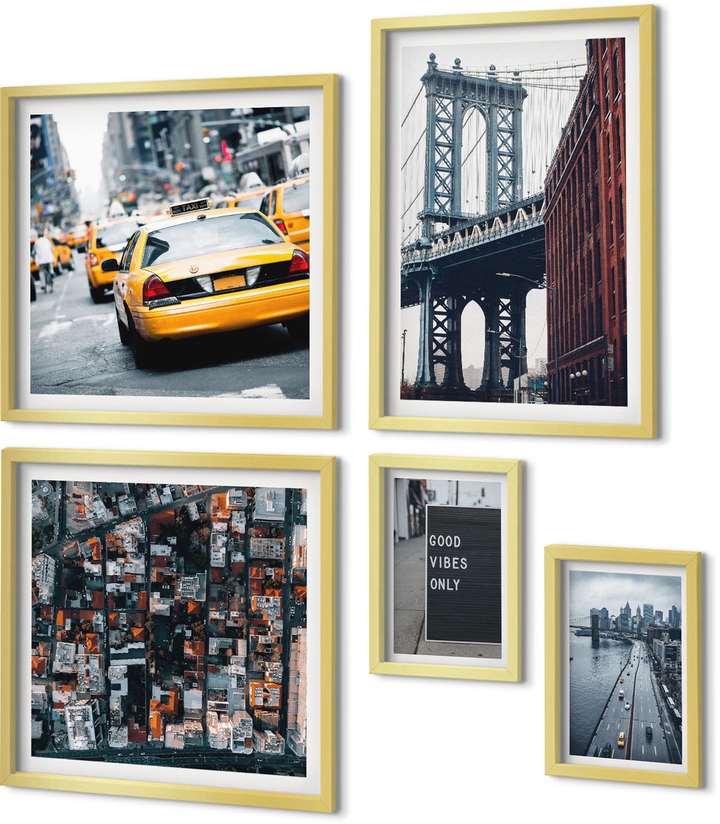 Coloray 5-Delige Schilderij Set - Charmante Stadsgezichten Vanuit Het Perspectief Van Het Leven In New York City - 50 x 50 cm, 20 x 30 cm En 40 x 60 cm - Decoratieve Muurdecoratie - Slaapkamer - Stijlvolle Muurdecoratie Gouden lijst