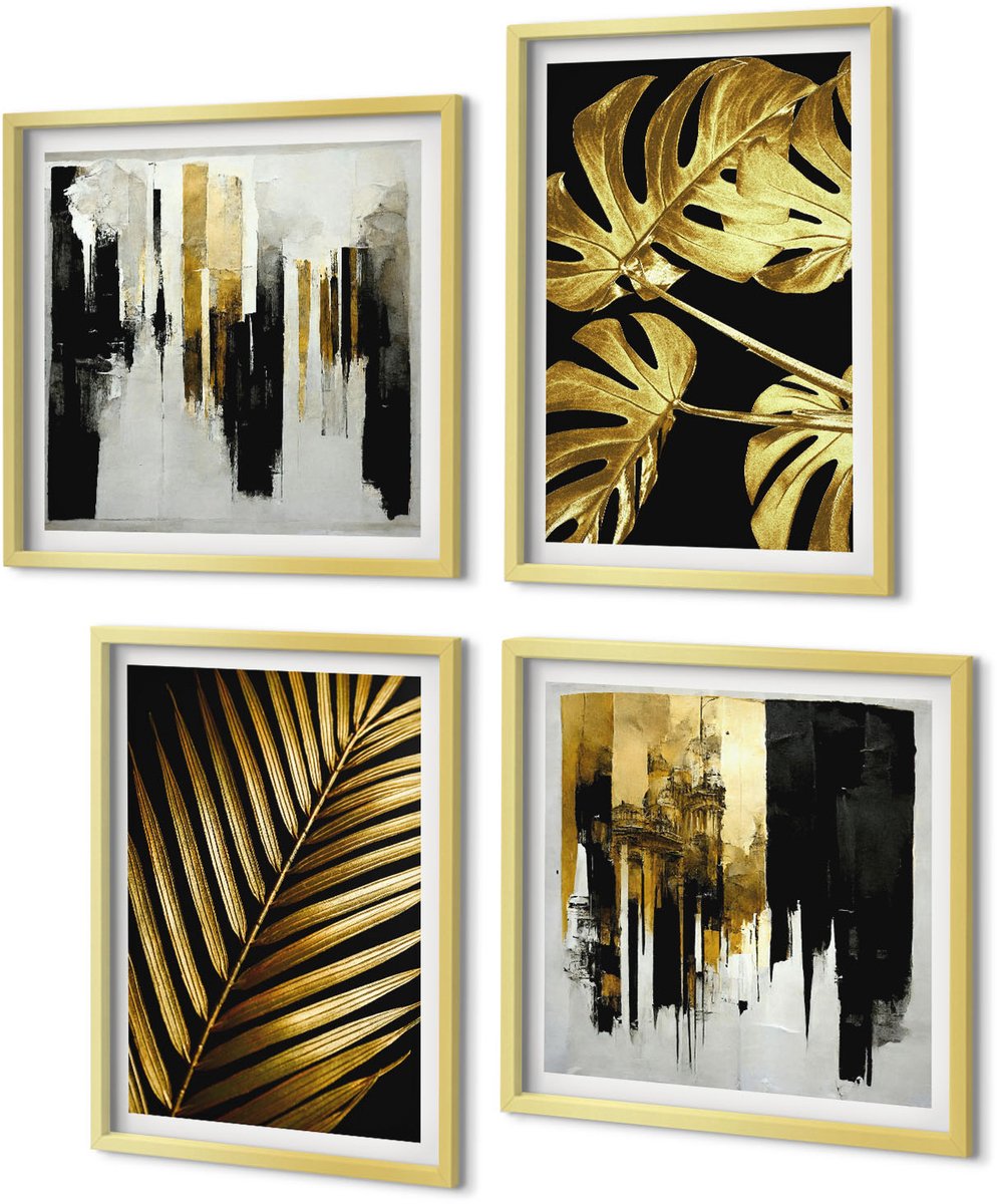 Coloray 4-Delige Schilderij Set - Palmbladeren Monsterabladeren Elegante Abstracte - 40 x 40 cm en 40 x 60 cm - Moderne Wanddecoratie - Woonkamer