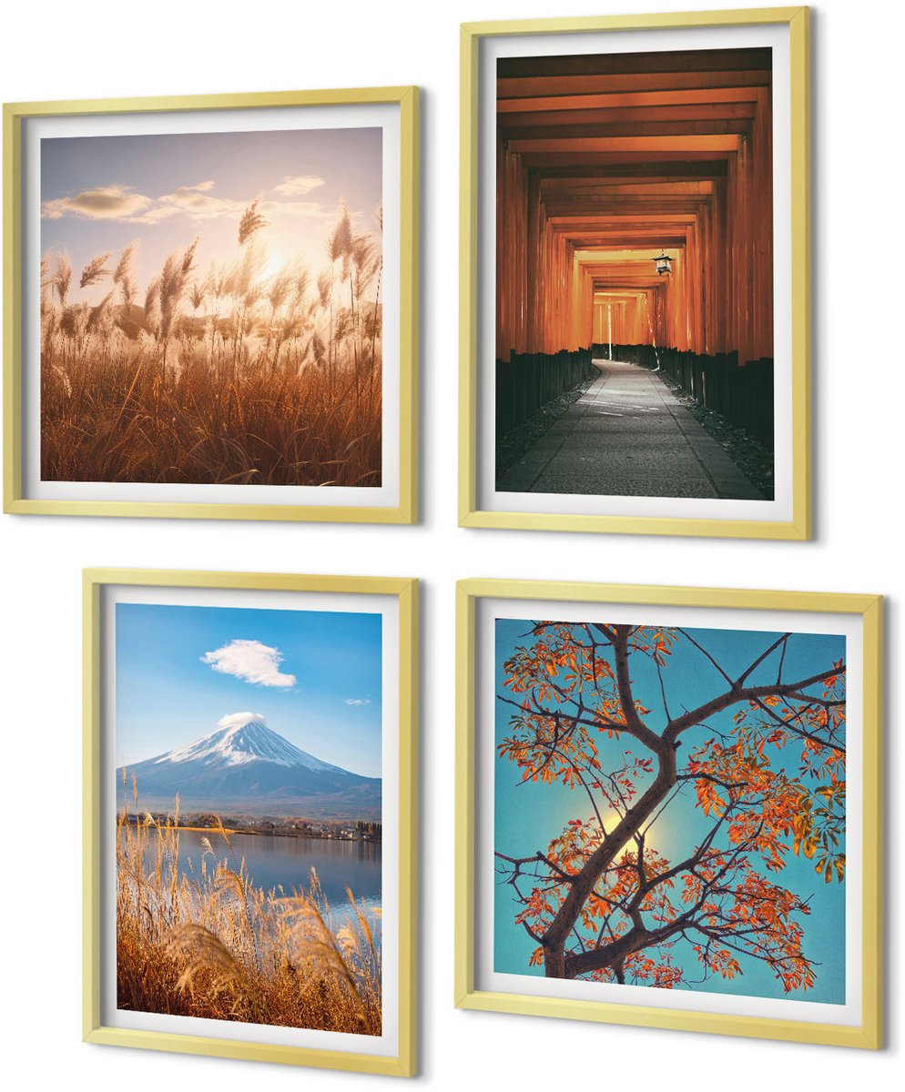Coloray 4-Delige Schilderij Set - Japanse landschappen, natuur en architectuur van Azië - 40 x 40 cm en 40 x 60 cm - Wanddecoratie - Woonkamer Decoratie - Moderne Wanddecoratie