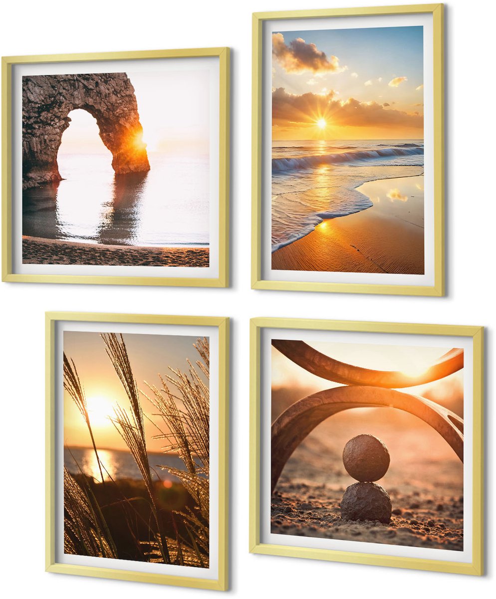 Coloray 4-Delige Schilderij Set - Vredige landschappen, zonsondergang op het strand - 40 x 40 cm en 40 x 60 cm - Wanddecoratie - Muurdecoratie - Moderne Interieurdecoratie - Decoratieve Schilderijen