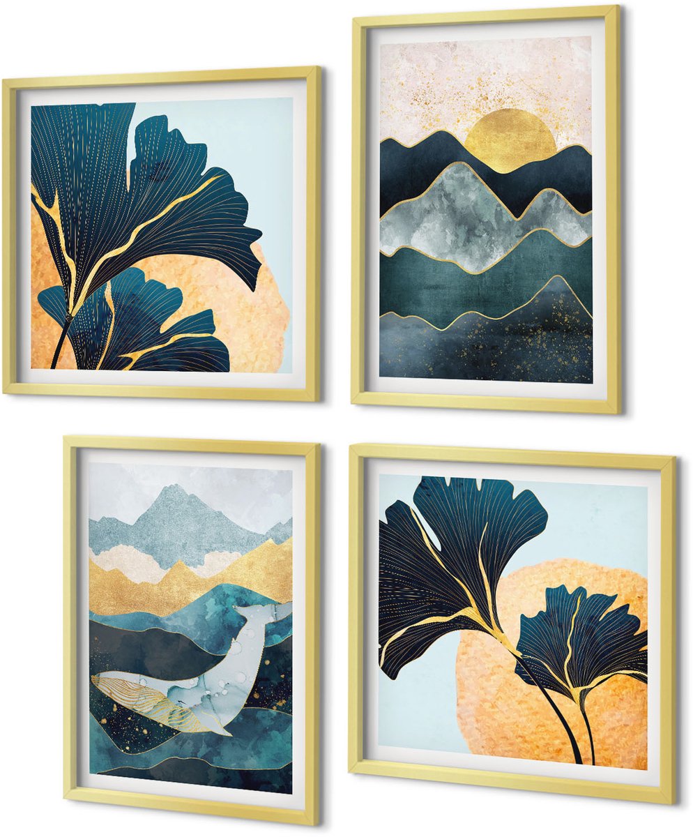 Coloray 4-Delige Schilderij Set - Abstracte esthetische vergezichten met bergen en planten - 40 x 40 cm en 40 x 60 cm - Muurdecoratie - Schilderijen Set - Woonkamer - Woonkamer Decoratie
