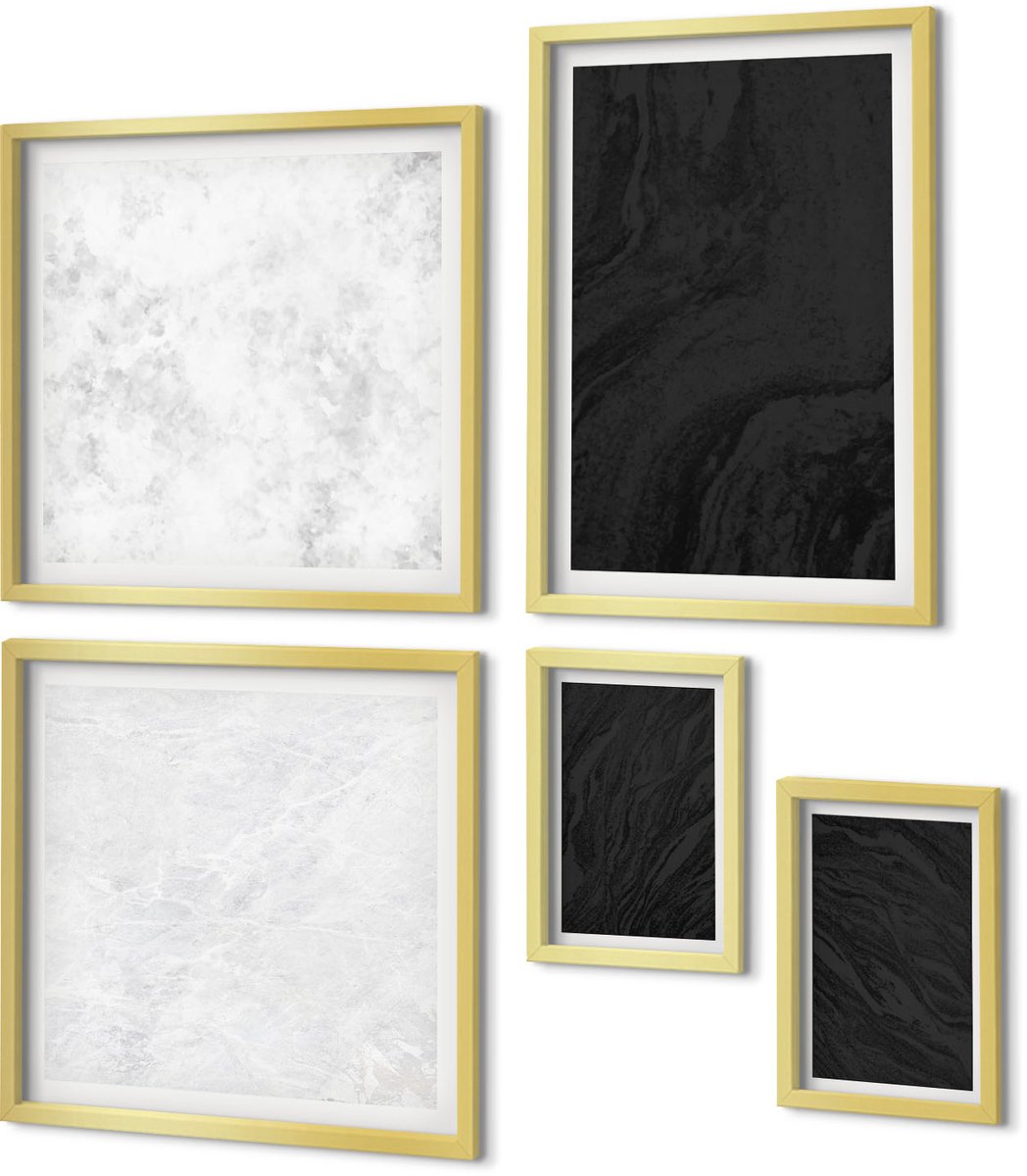Coloray 5-Delige Schilderij Set - Donker En Licht Marmer: Elegante Texturen In Een Glamoureuze Stijl. - 50 x 50 cm, 20 x 30 cm En 40 x 60 cm - Muurdecoratie - Interieur Decoratie - Woonkamer Decoratie
