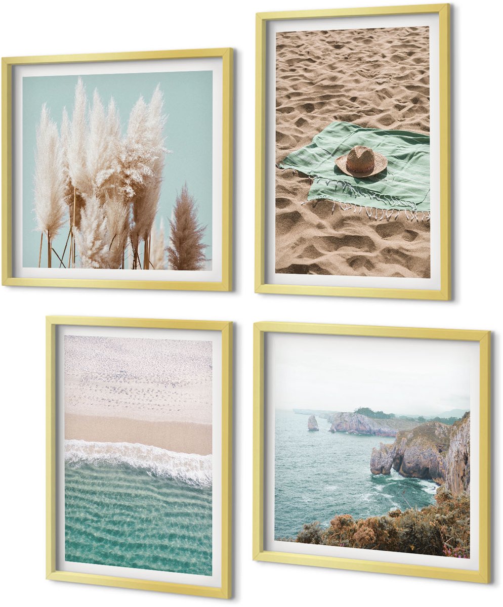 Coloray 4-Delige Schilderij Set - Strandgolven Gras Hoed Zand Ontspanning Natuur - 40 x 40 cm en 40 x 60 cm - Stijlvolle Muurdecoratie - Slaapkamer