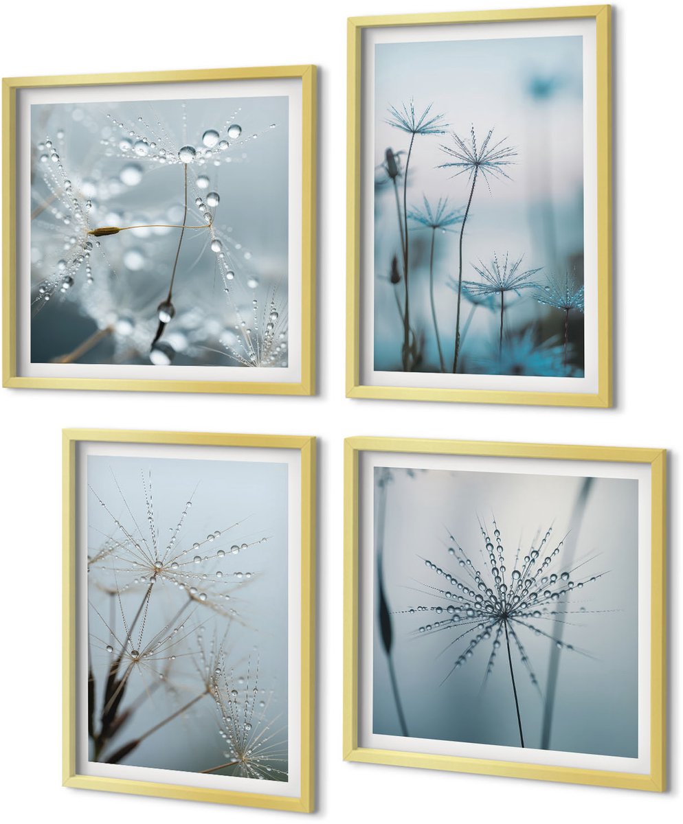 Coloray 4-Delige Schilderij Set - Fijne paardenbloemen met waterdruppels - 40 x 40 cm en 40 x 60 cm - Decoratieve Schilderijen - Wanddecoratie - Hal