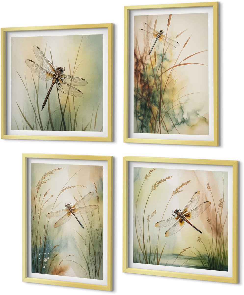 Coloray 4-Delige Schilderij Set - Geschilderd gras met libellen boven het water. - 40 x 40 cm en 40 x 60 cm - Muurdecoratie - Wanddecoratie - Hal - Interieur Decoratie