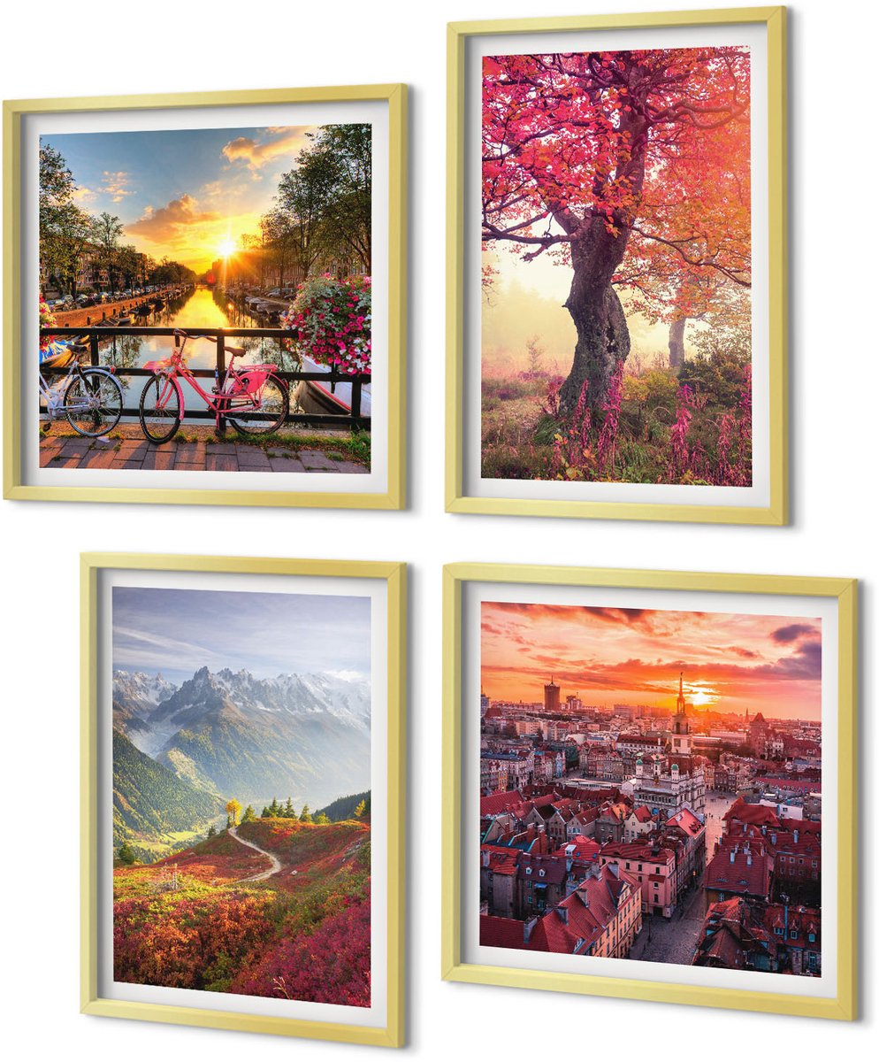 Coloray 4-Delige Schilderij Set - Berglandschappen met een fiets en een herfstboom - 40 x 40 cm en 40 x 60 cm - Muurdecoratie - Wanddecoratie - Hal - Stijlvolle Muurdecoratie