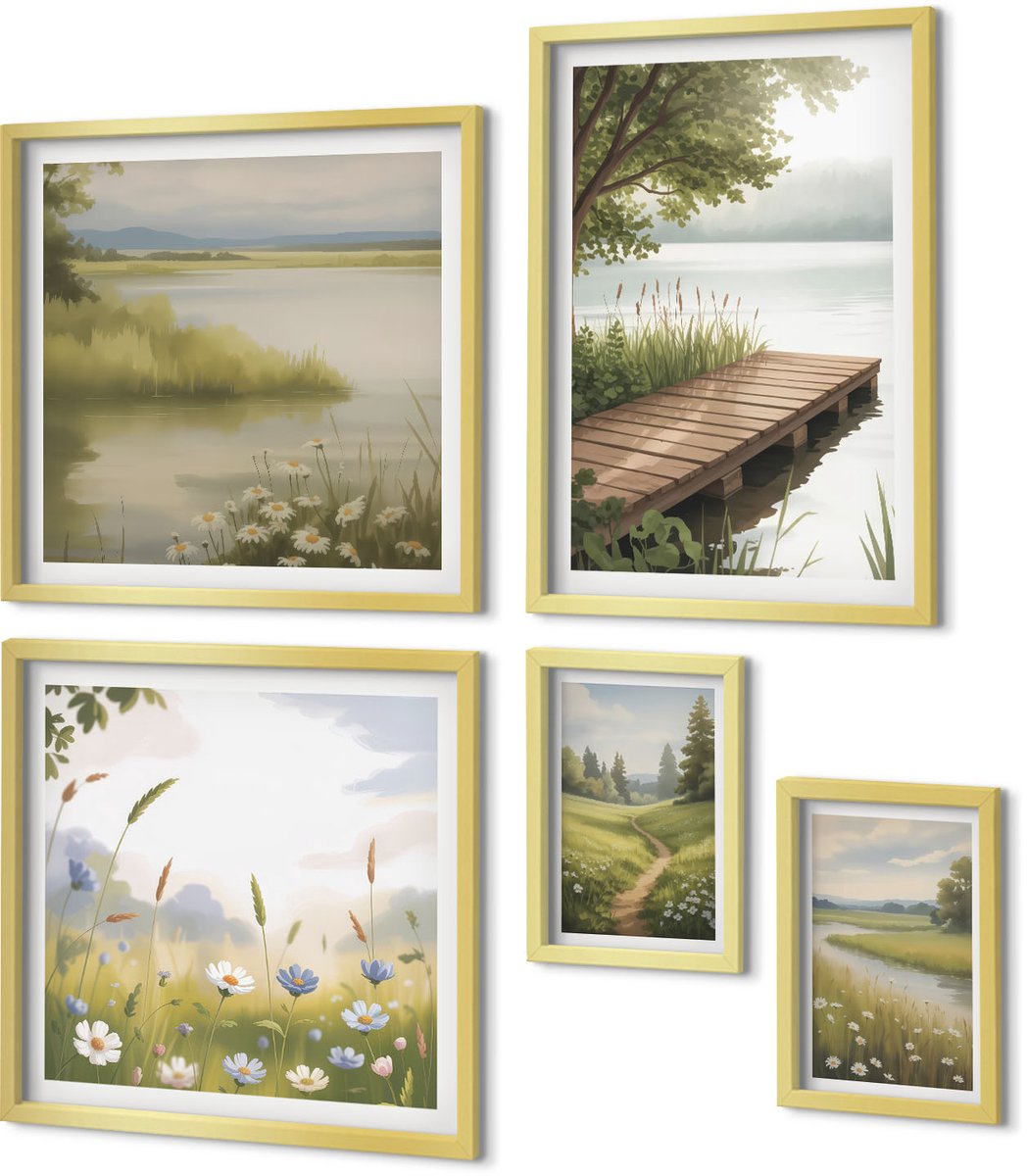 Coloray 5-Delige Schilderij Set - Rustige Natuurlandschappen Met Houten Brug En Weilanden - 50 x 50 cm, 20 x 30 cm En 40 x 60 cm - Stijlvolle Wanddecoratie - Interieur - Stijlvolle Muurdecoratie