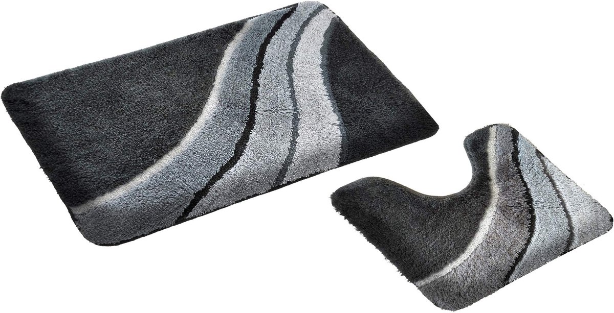 Famanu – Badmat set van 2 stuks in grijs, met uitsparing, antislip, WC-mat 50 x 45 cm en badmat 50 x 90 cm, ideaal voor badkamer