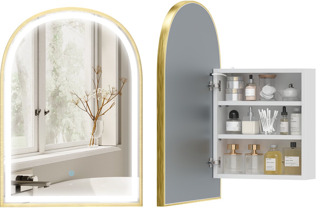 Badkamer Kastje - Badkamerkast met LED Verlichting - Anti-condens Spiegel - 50x14,5x70cm – Gouden