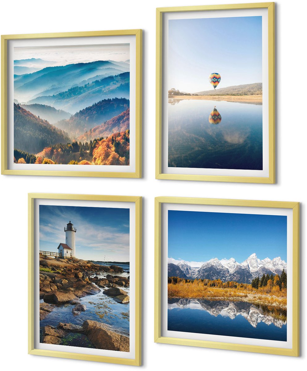 Coloray 4-Delige Schilderij Set - Uitzicht op de natuur met een vuurtoren, bergen, een meer en een ballon. - 40 x 40 cm en 40 x 60 cm - Stijlvolle Muurdecoratie - Slaapkamer - Wanddecoratie
